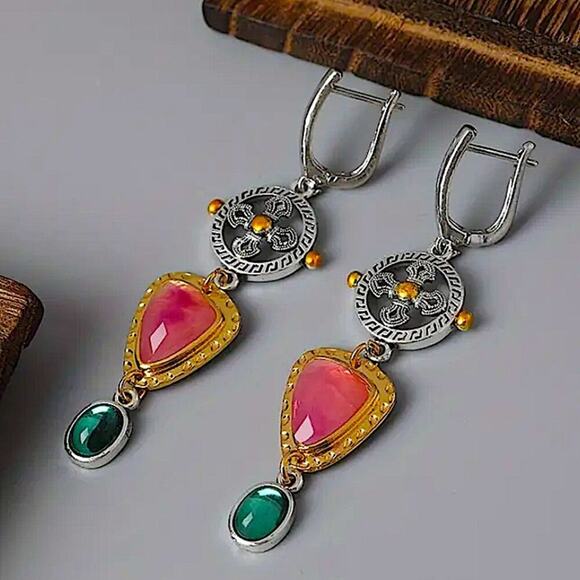 Tribal Pink, Green Stone Dangle Earrings Vintage Bohemian Boho - Picture 5 of 6